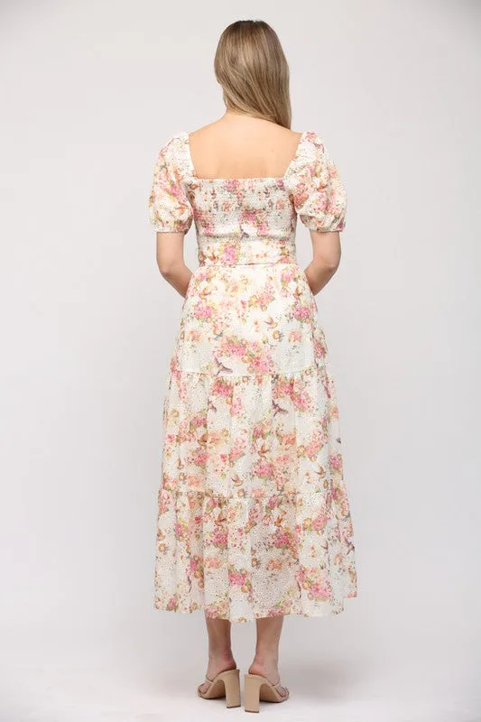 Elegant Floral Print Midi Dress in Cream - Casual or Formal Wear