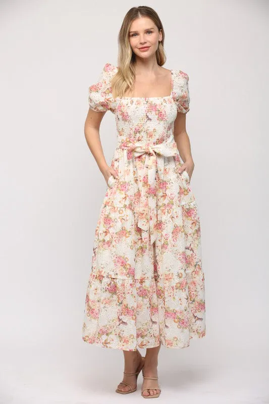 Elegant Floral Print Midi Dress in Cream - Casual or Formal Wear