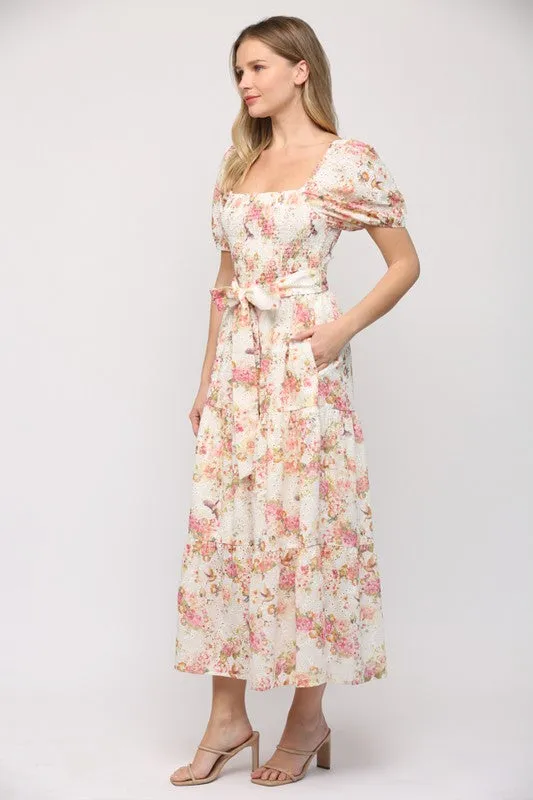 Elegant Floral Print Midi Dress in Cream - Casual or Formal Wear