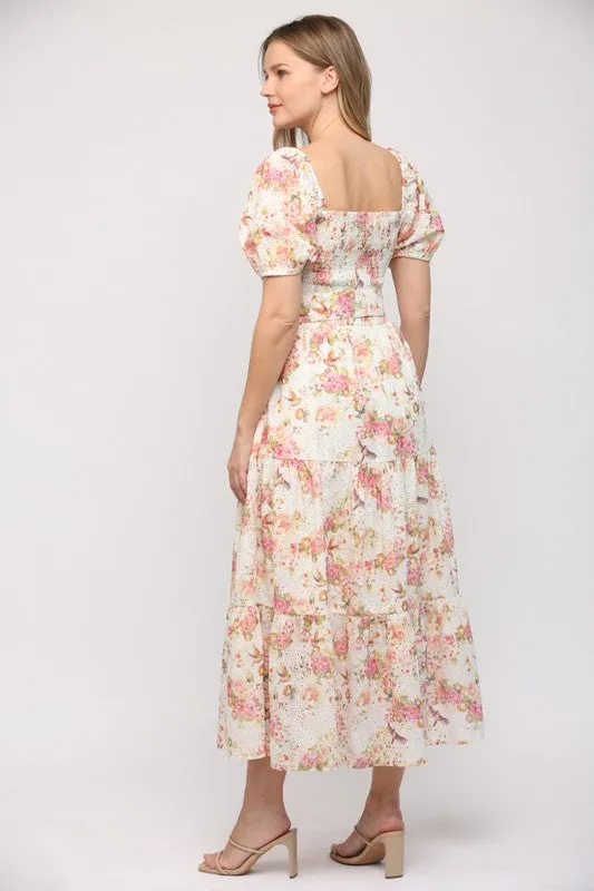 Elegant Floral Print Midi Dress in Cream - Casual or Formal Wear