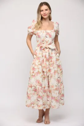 Elegant Floral Print Midi Dress in Cream - Casual or Formal Wear