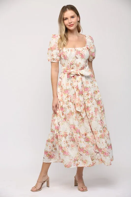 Elegant Floral Print Midi Dress in Cream - Casual or Formal Wear