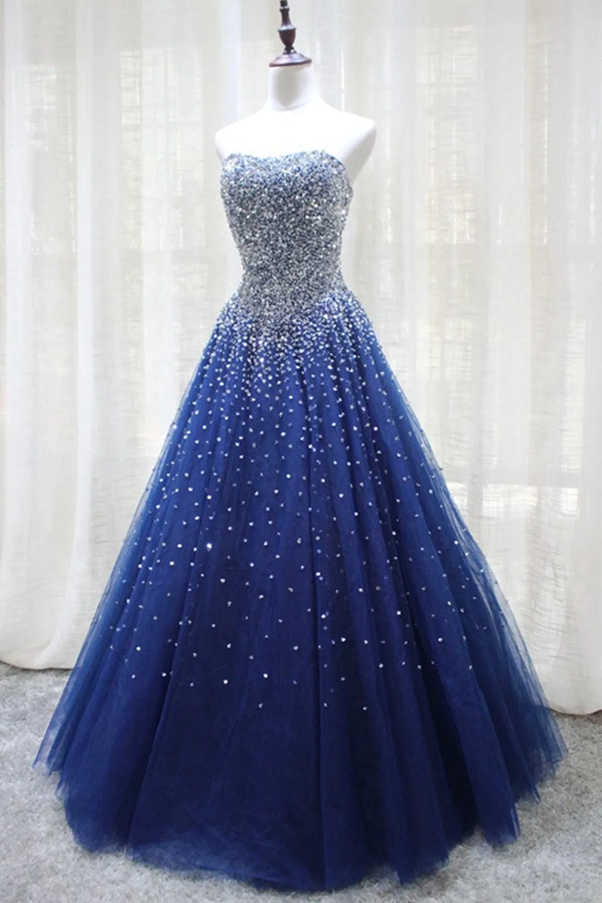 Gorgeous Strapless Blue Tulle Beaded Long Prom Dresses, Beaded Blue Formal Evening Dresses, Beaded Ball Gown A1398