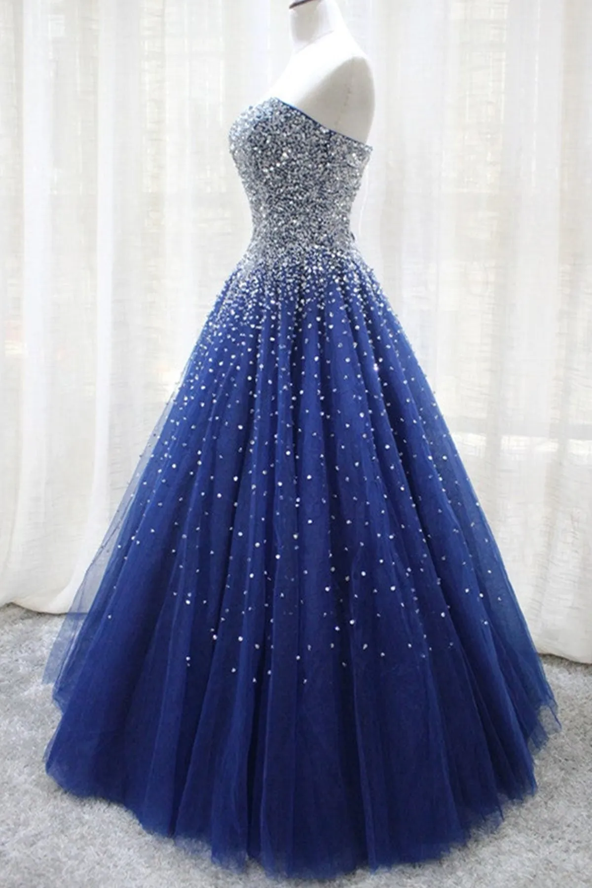 Gorgeous Strapless Blue Tulle Beaded Long Prom Dresses, Beaded Blue Formal Evening Dresses, Beaded Ball Gown A1398