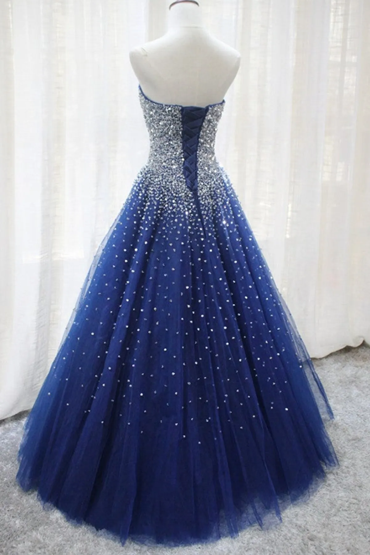 Gorgeous Strapless Blue Tulle Beaded Long Prom Dresses, Beaded Blue Formal Evening Dresses, Beaded Ball Gown A1398