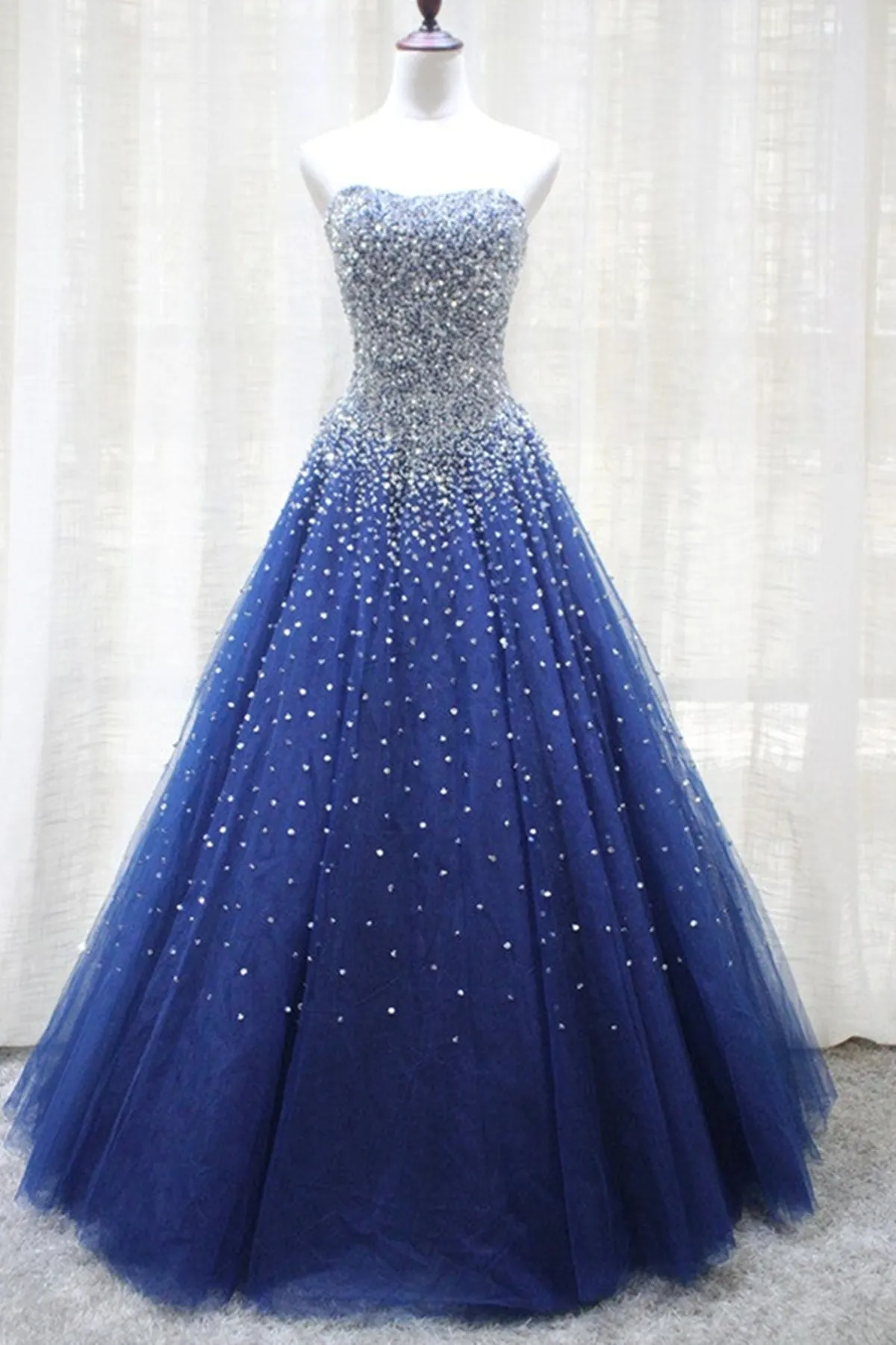 Gorgeous Strapless Blue Tulle Beaded Long Prom Dresses, Beaded Blue Formal Evening Dresses, Beaded Ball Gown A1398