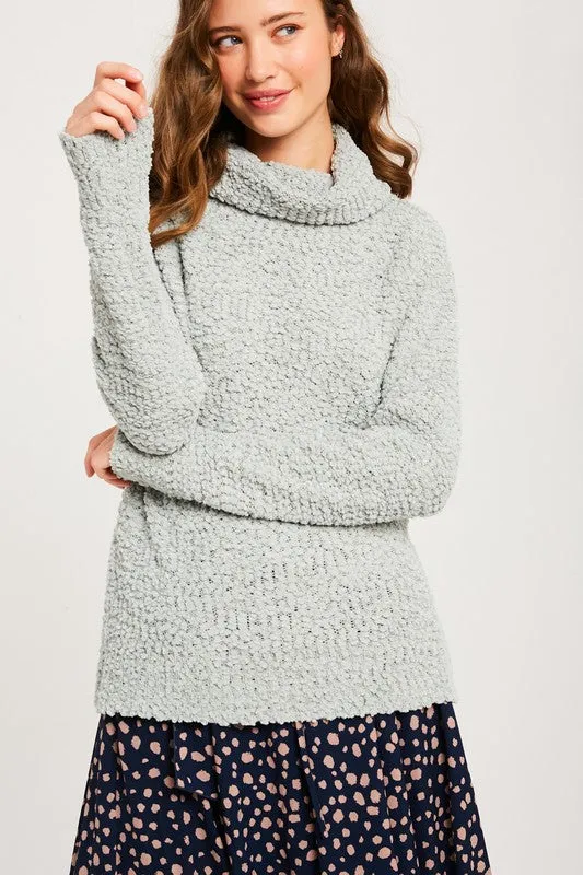 Hailey Popcorn Pullover Turtleneck in Light Sage