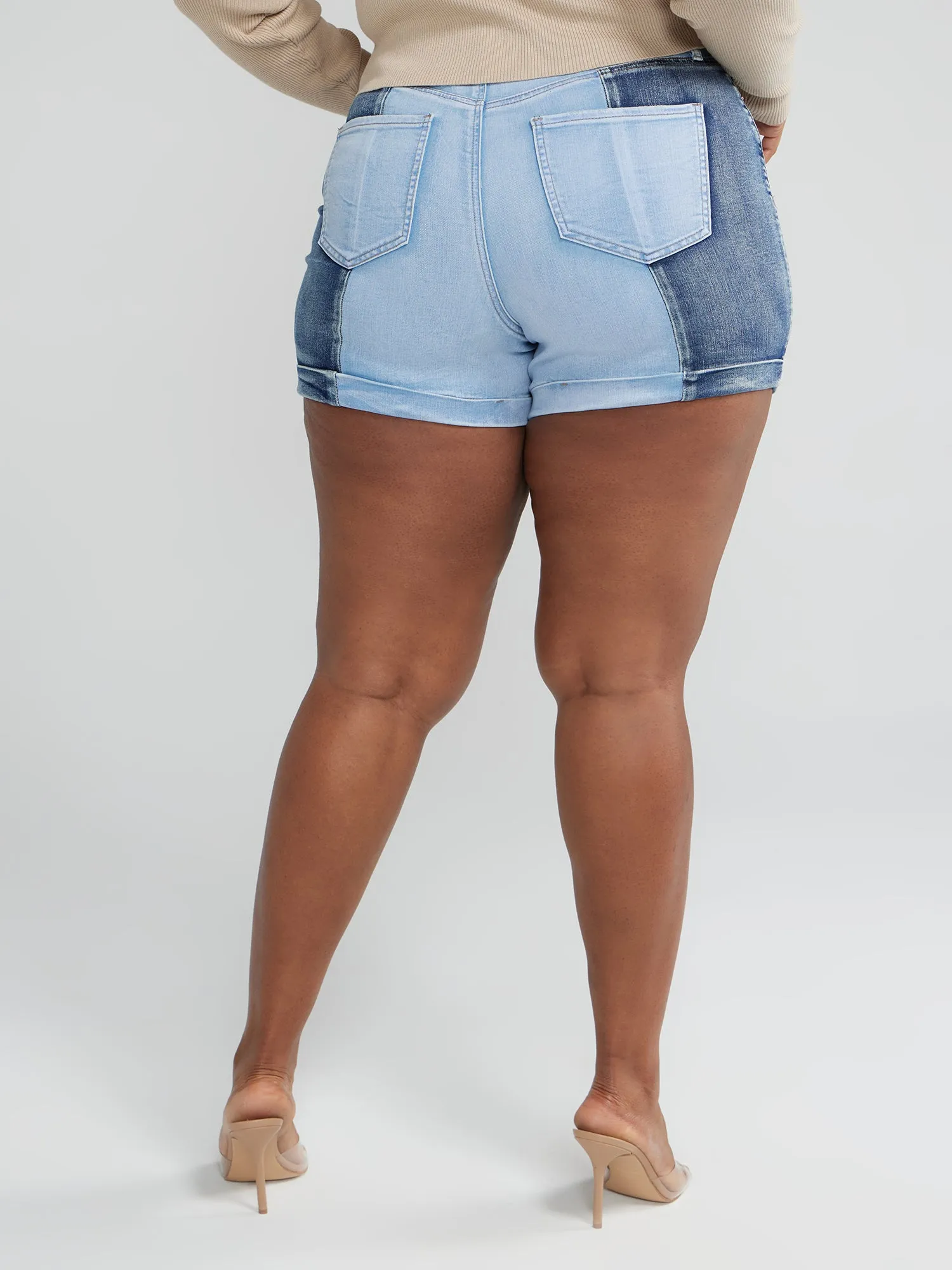 High Rise Two Tone Denim Shorts