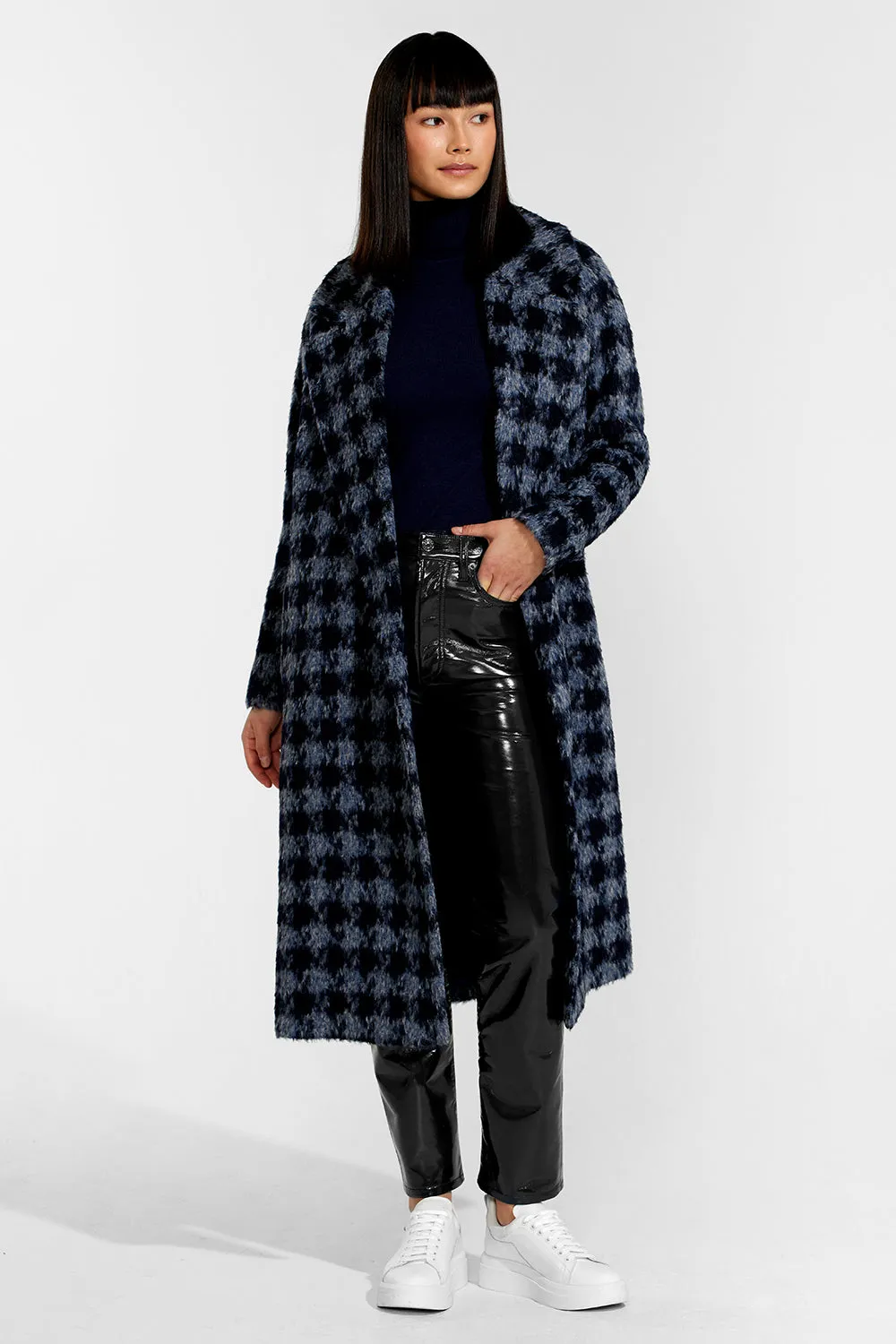 Houndstooth Alpaca Long Raglan Sleeve Notched Collar Coat