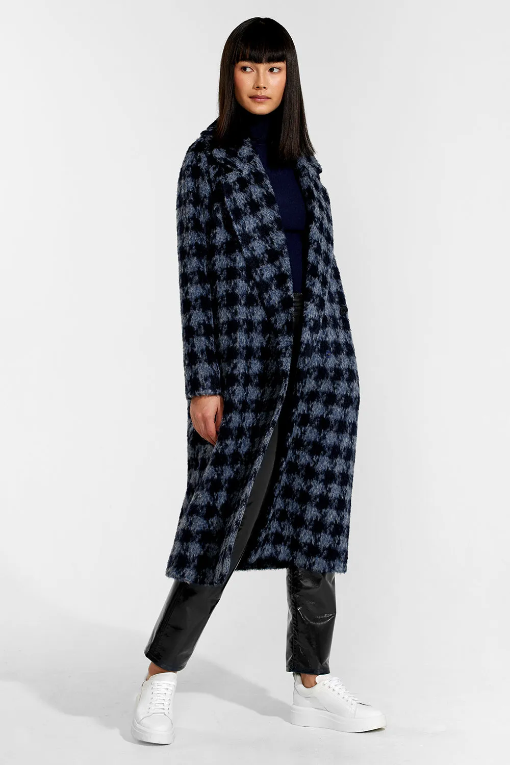 Houndstooth Alpaca Long Raglan Sleeve Notched Collar Coat