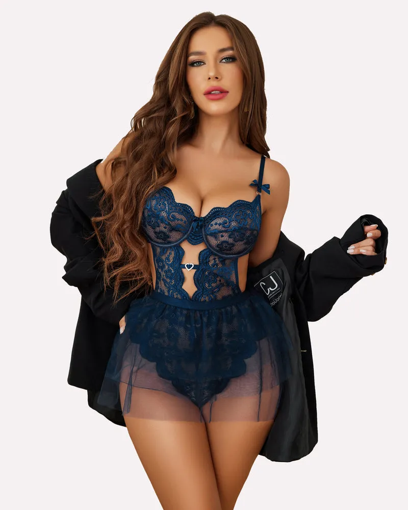 Lace Bodysuit with Mesh Mini Skirt