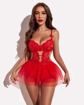 Lace Bodysuit with Mesh Mini Skirt