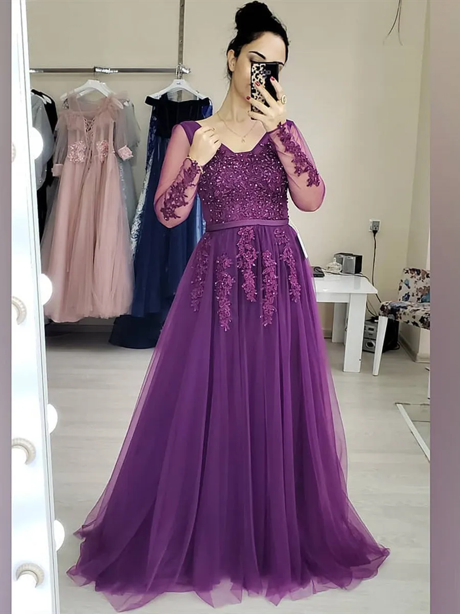 Long Sleeves Beaded Purple Lace Long Prom, Purple Lace Formal, Purple Evening