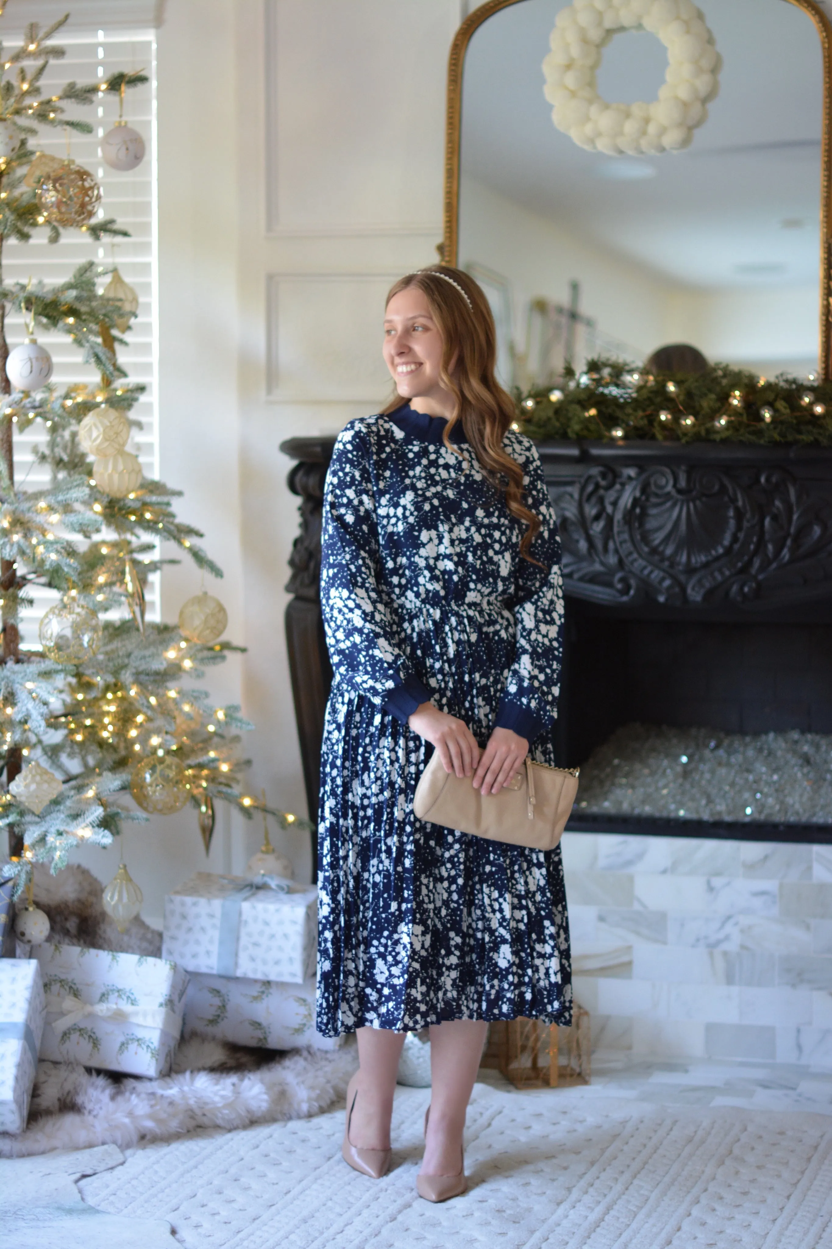 Parga Navy Muted Floral Crochet Dress