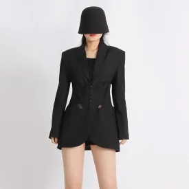 Patchwork Mesh Blazers For Women Notched Collar Long Sleeve Tunic Solid Slimming Sexy Blazer Female Fashion Clothes