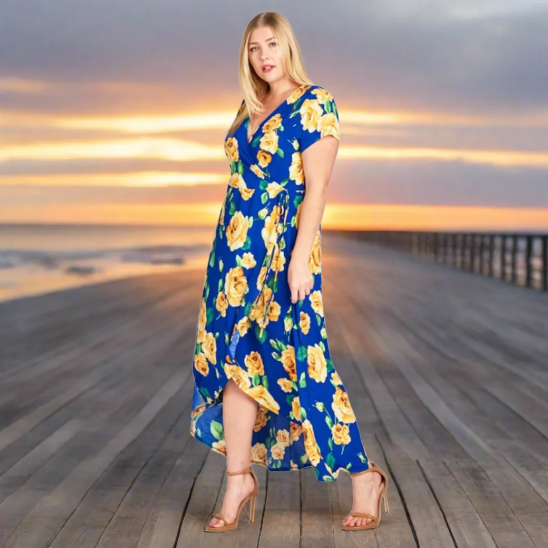 Royal Floral Mock-Wrap Dress 1XL-3XL