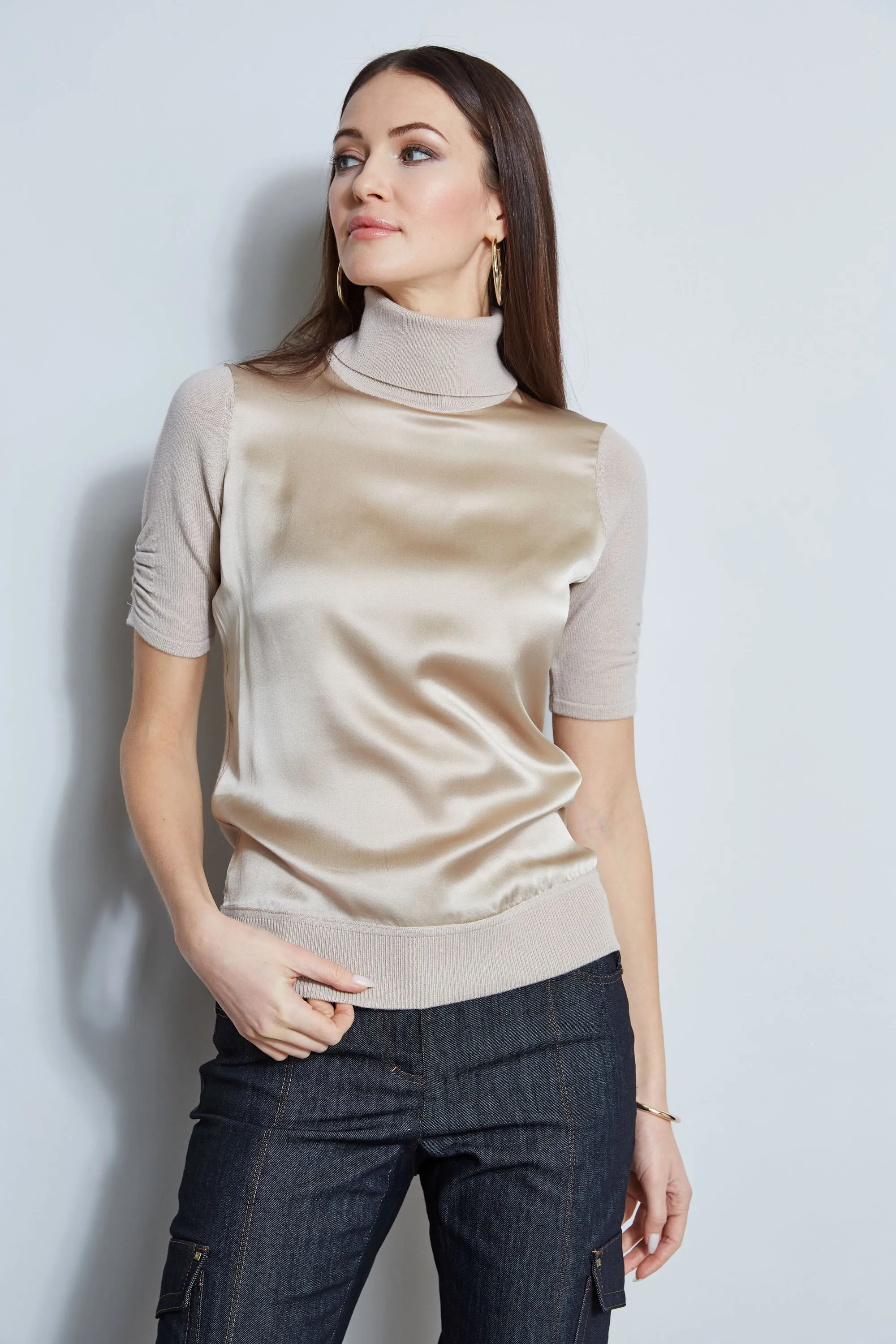 Short Sleeve Satin Front Sweater