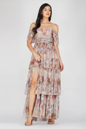 Sydney Off Shoulder Tulle Maxi Dress in Brown Floral