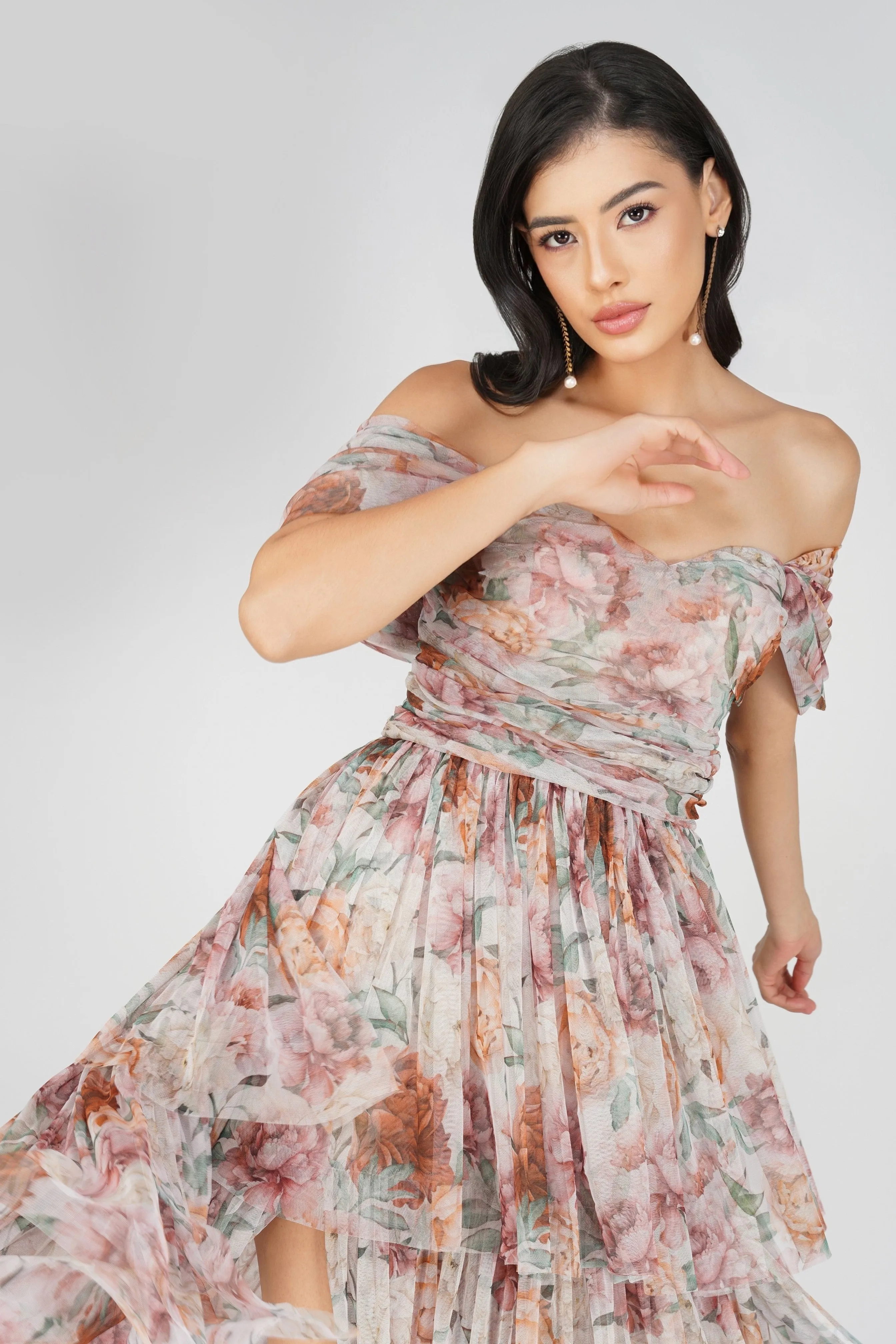 Sydney Off Shoulder Tulle Maxi Dress in Brown Floral