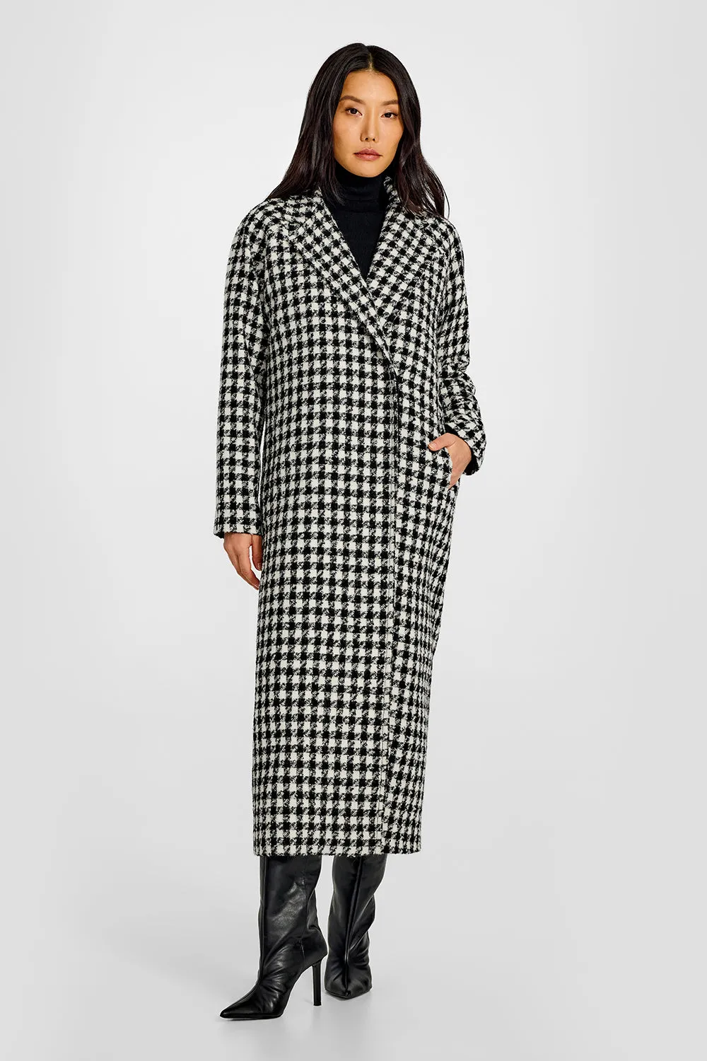 Tweed Houndstooth Suri Alpaca Maxi Raglan Sleeve Coat