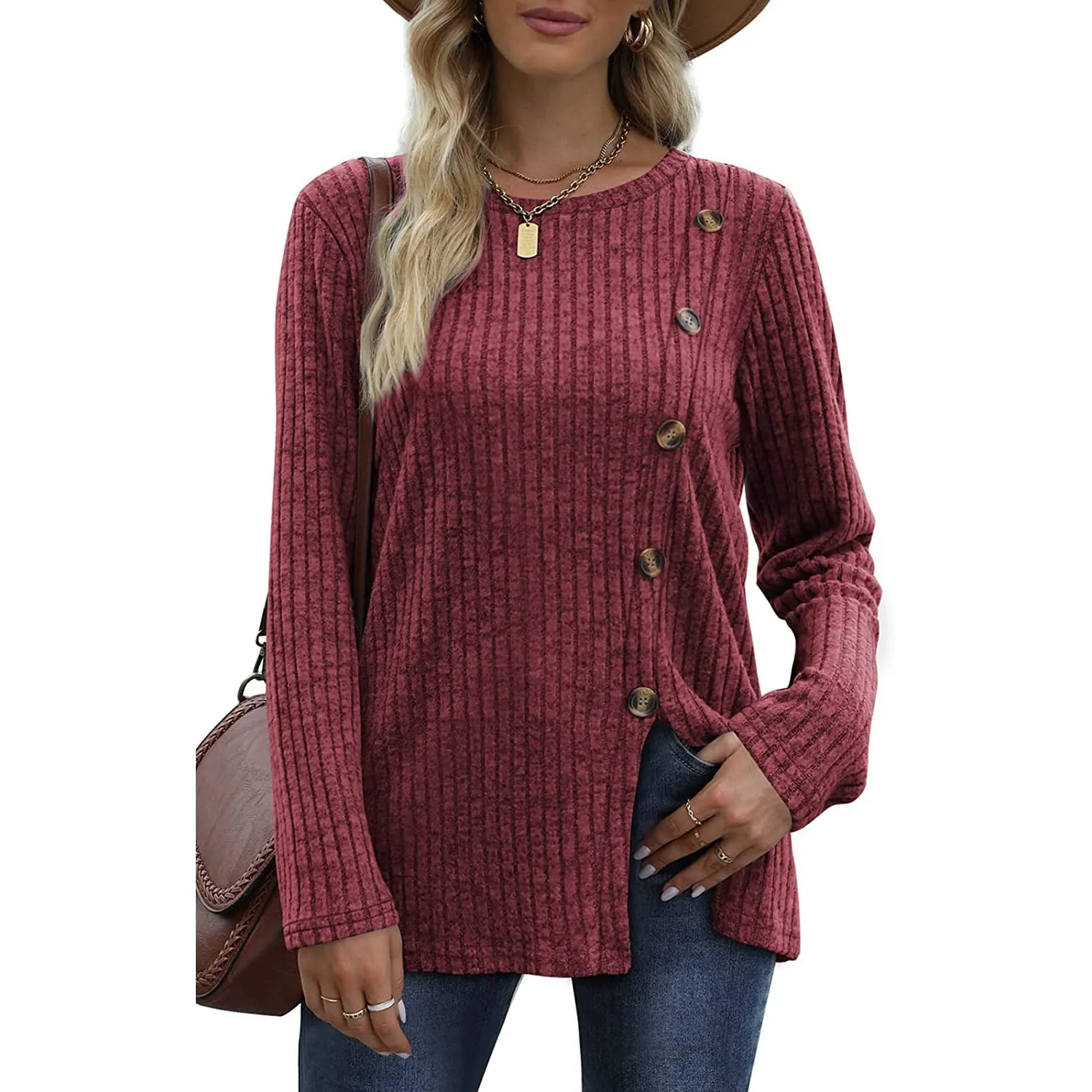 Women's Long Sleeve Crew Neck Tunic Tops Buttons Side