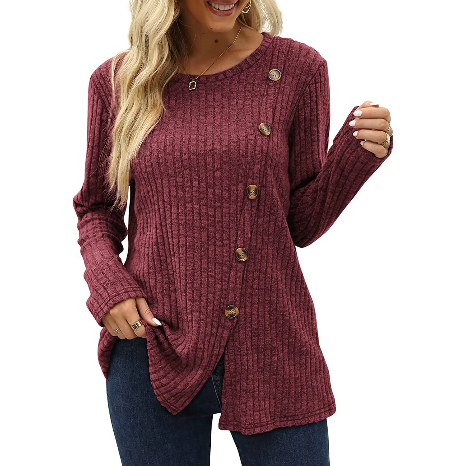 Women's Long Sleeve Crew Neck Tunic Tops Buttons Side