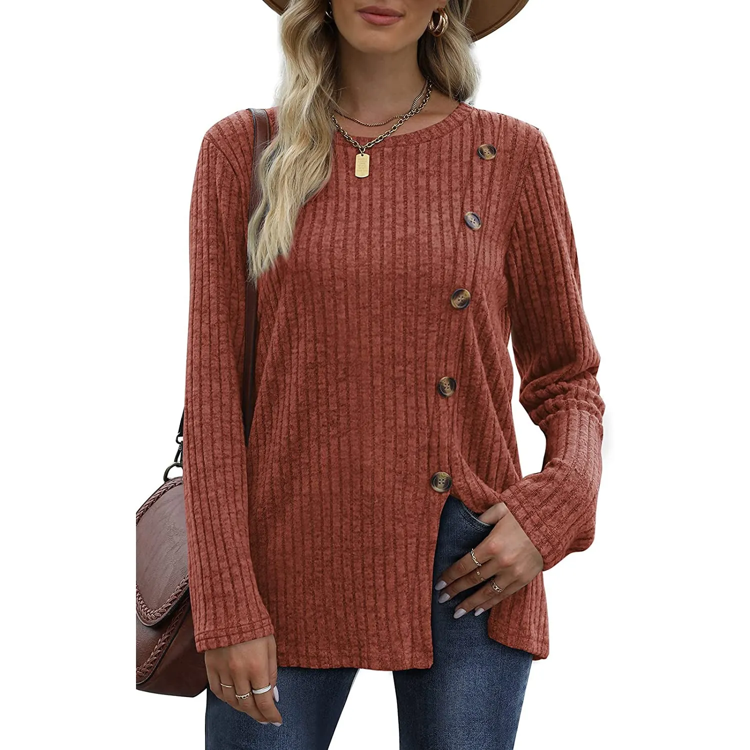 Women's Long Sleeve Crew Neck Tunic Tops Buttons Side