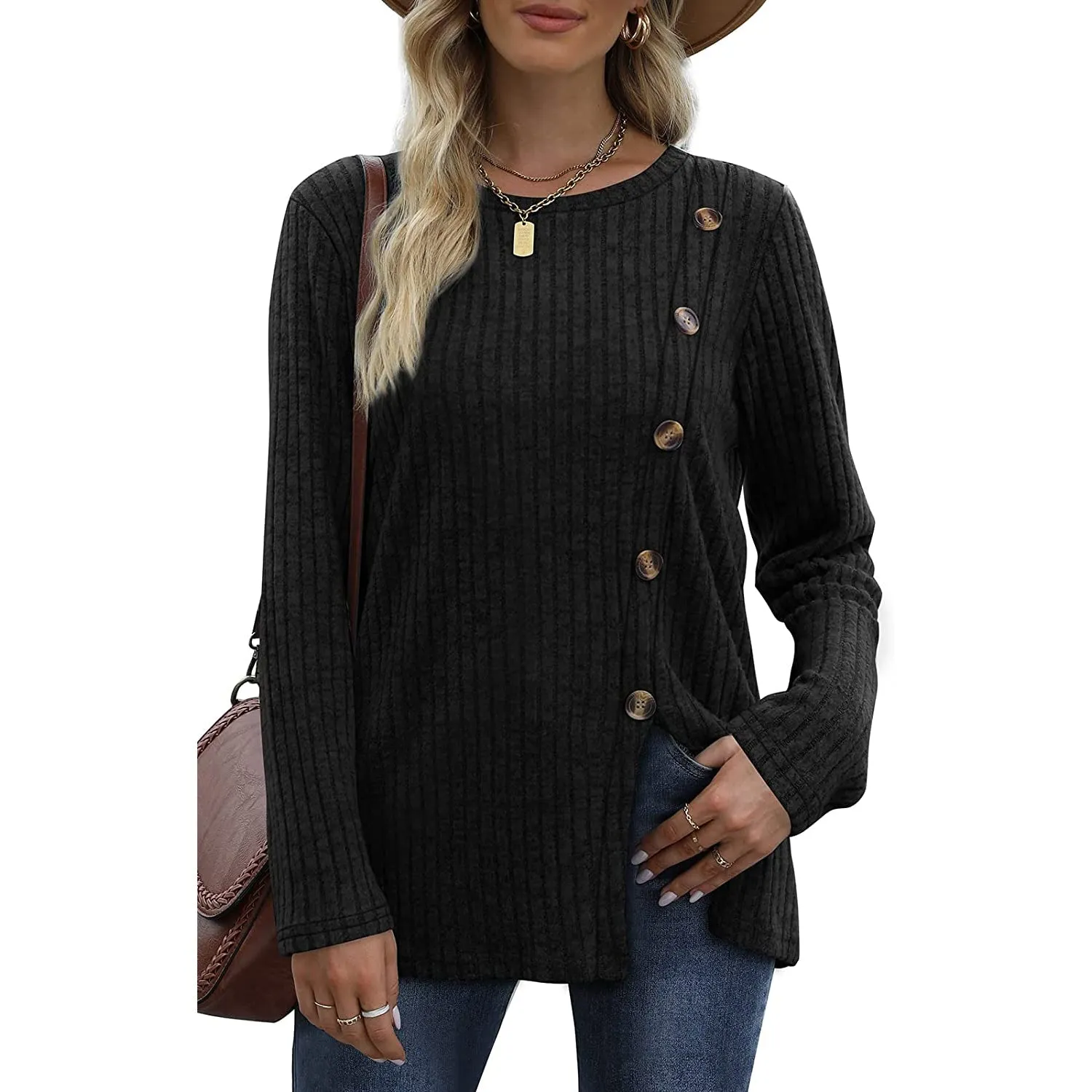 Women's Long Sleeve Crew Neck Tunic Tops Buttons Side