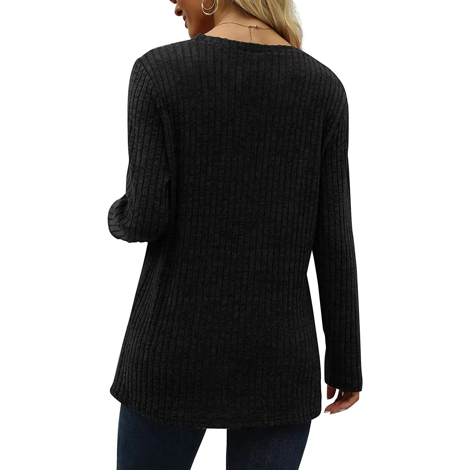 Women's Long Sleeve Crew Neck Tunic Tops Buttons Side