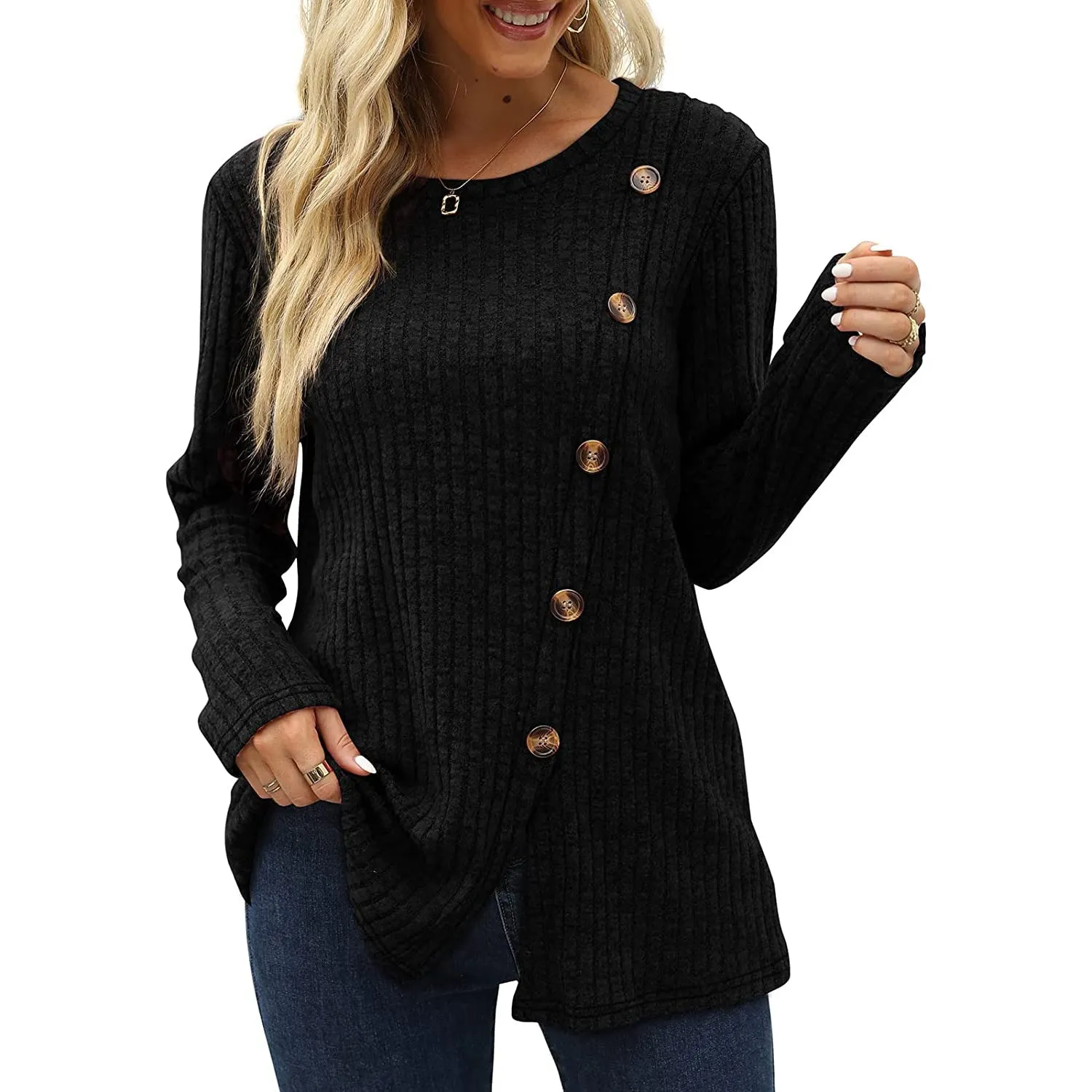 Women's Long Sleeve Crew Neck Tunic Tops Buttons Side