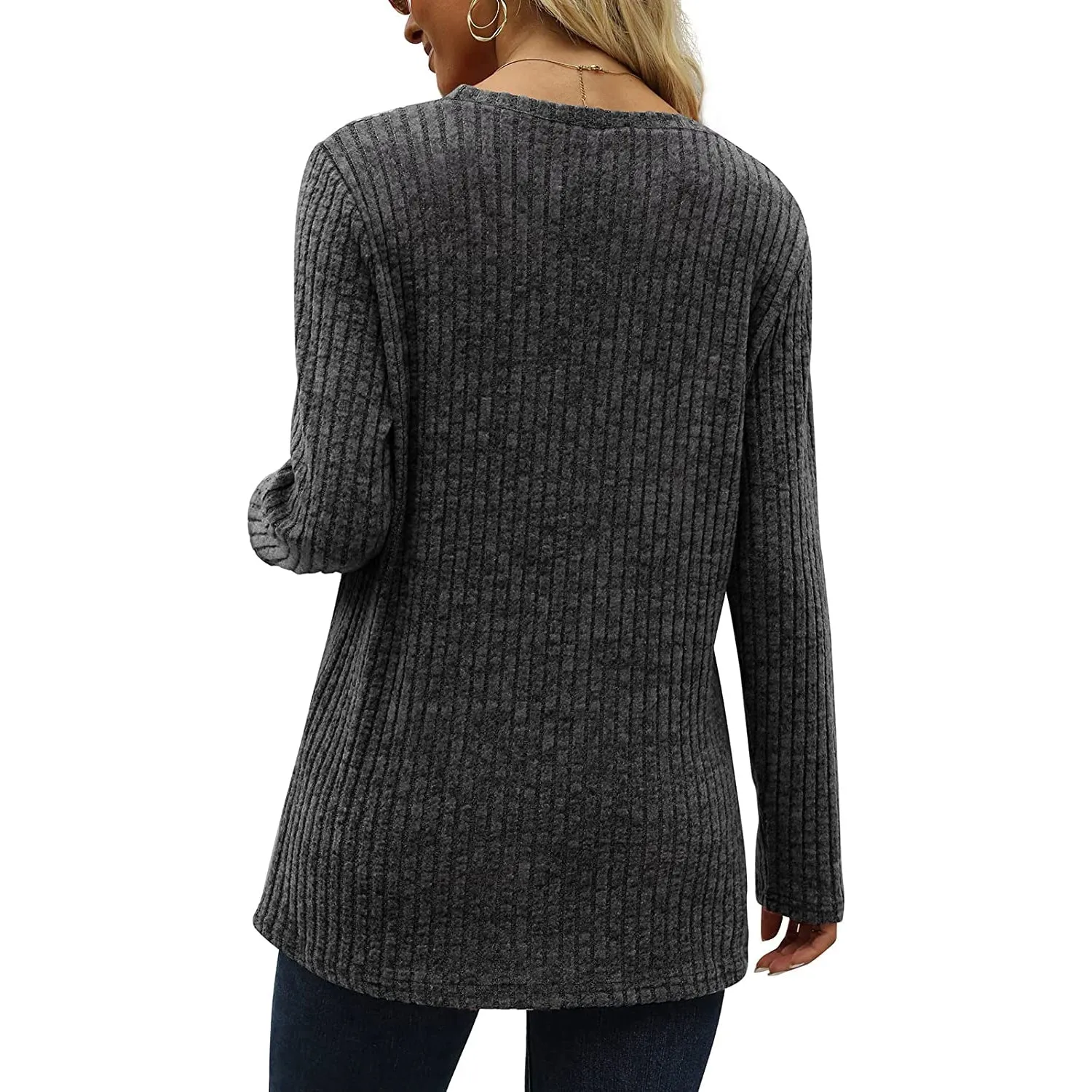 Women's Long Sleeve Crew Neck Tunic Tops Buttons Side