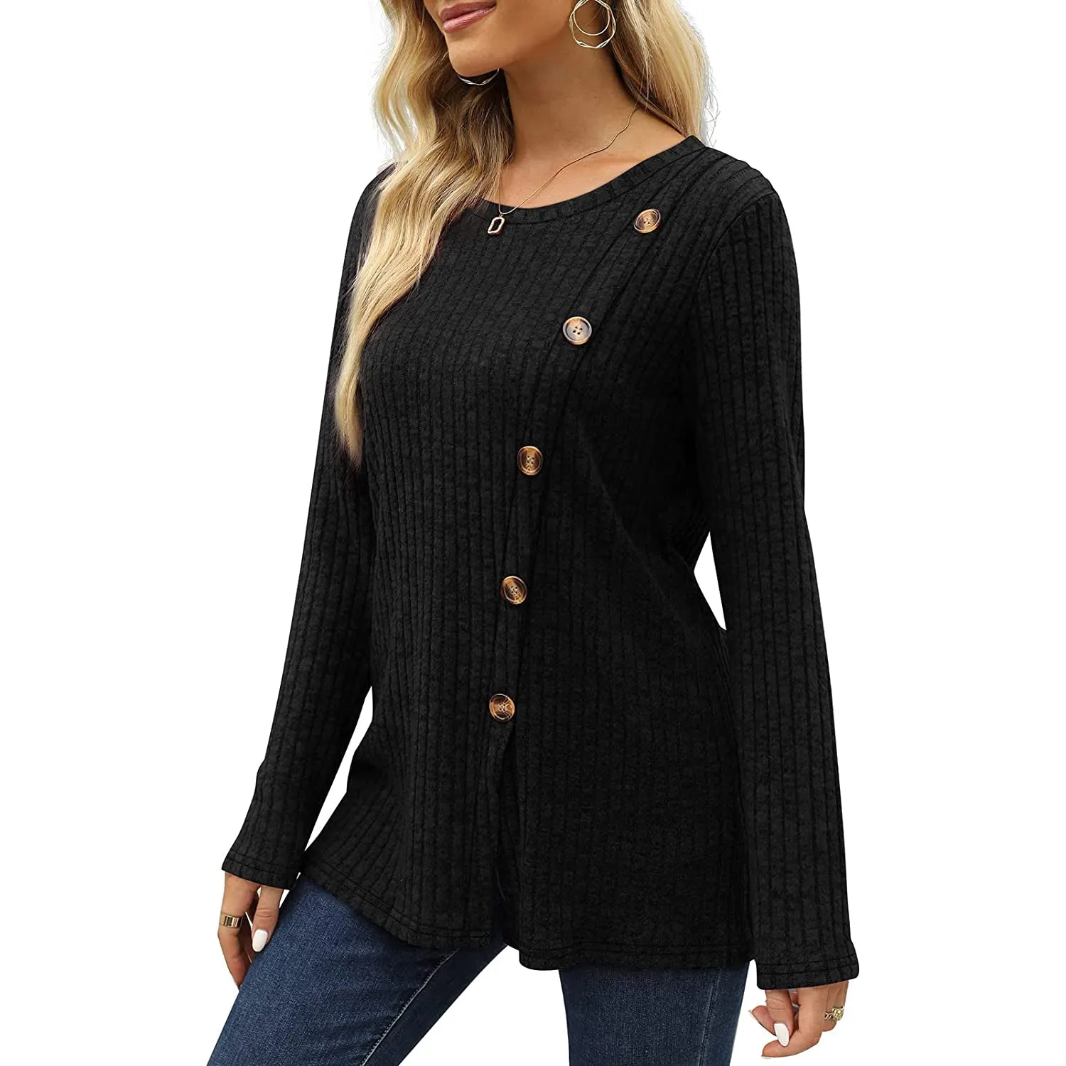 Women's Long Sleeve Crew Neck Tunic Tops Buttons Side